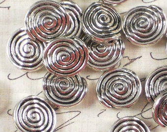 10 Spiral Beads 12mm Flat Round Antiqued Silver Tone (P303)