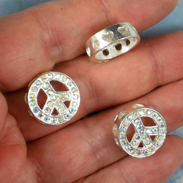 3 Round Peace Sign Crystal AB Rhinestone Beads 16mm Encrusted & Silver -  BLING (P1077)