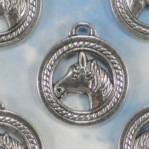 2 Horse Head Charms Winners Circle Tibetan Silver Tone Pendants 2 Sided 28mm (P1417)