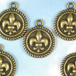 8 Bronze Fleur de Lis Round Charms Rope Edge Disk Dangles Antiqued NOLA Cajun P142 image 1