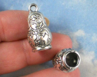 2 Russian Doll Charms Pendants Necklace Cones End Caps Antique Silver Tone (P1691)