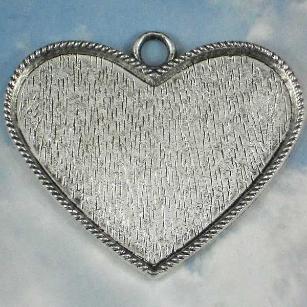 Large Silver OX Heart Bezel Pendant Frame Mounting - Great for Embedded Beads & Micro Mosaics (P930)