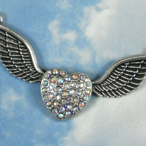 Winged Heart Rhinestone Pendant Angel Wing Crystal AB Encrusted & Silver - Flying BLING (P1075)