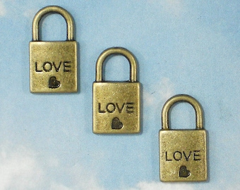 Bulk 50 Lock Charms LOVE & Heart 20mm Antiqued Bronze - Wedding Favors Invitations (P1113 -50)