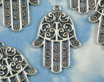 4 Hamsa Hand Pendants Silver Filigree Big 35mm Charms HENNA Pattern (P989)