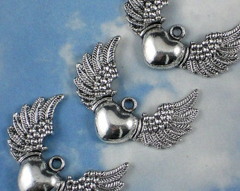 5 Flying Winged Puffy Heart Charms 35mm Antiqued Silver Pendants (P884)