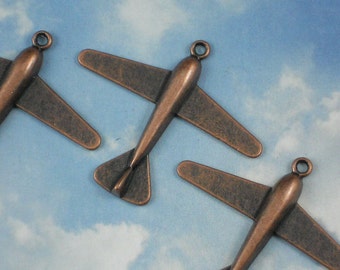 3 Airplane Charms Copper Tone 42mm Vintage Style Plane Antiqued Pendants (P871)