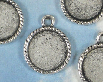 10 Round Rope Bezel Charms Settings Mounting Tray Glue In 14mm Antique Silver Tone - Resin Clay or ... (P1049)
