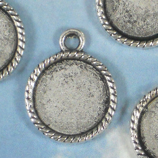 10 Round Rope Bezel Charms Settings Mounting Tray Glue In 14mm Antique Silver Tone - Resin Clay or ... (P1049)