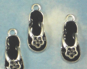 4 Sandal Charms Shoes 3D Black Enamel & Silver Tone Flower 24mm Long Beach Flip Flop (P1635)