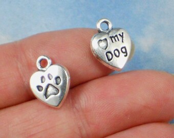 BuLK 50 Dog Lover Heart Charms 2 Sided Paw Antique Tibetan Silver Tone (P1828 -50)