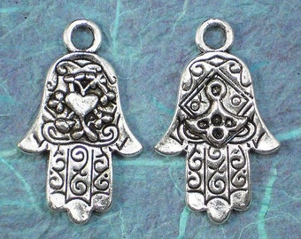 2 x Reversible Large HEART Hamsas Evil Eye Protection - Hand of Fatima 41mm Tibetan Silver Pendants (P319-2)