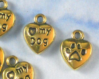 12 Heart Dog Lover Charms 2 Sided Paw Antiqud Gold Tone (P2013)