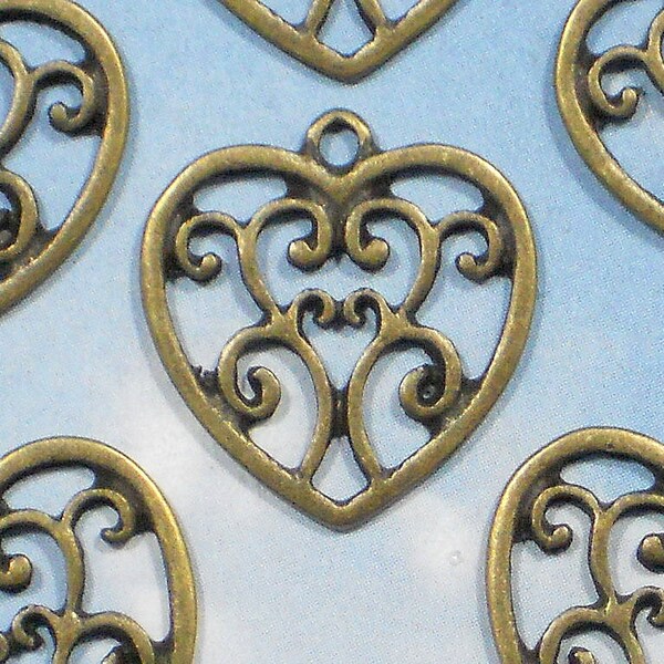 10 Fancy Heart Charms Bronze 20mm Pendants Lead, Nickel & Cadmium Free (P1175)