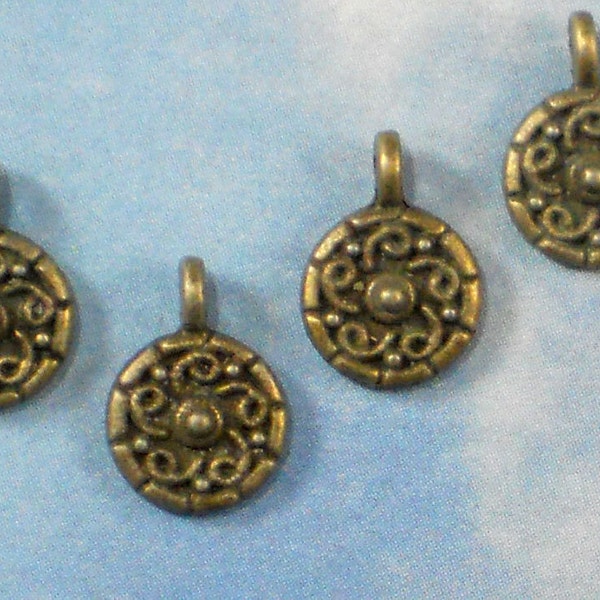 24 Small Spiral design Dangles Charms 12mm Bronze Tone 9mm Disk (P548)