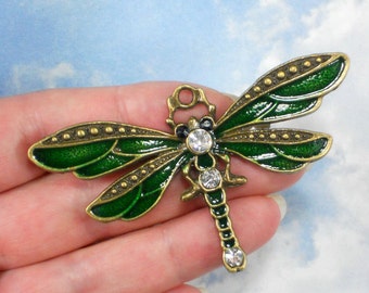 1 Large Bronze Dragonfly Pendant Green Enamel Rhinestones & Bronze Tone 72mm (P1786)