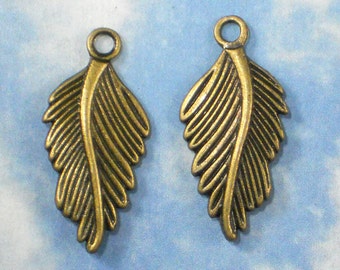 6 Feather or Leaf Charms Bronze Tone 2 Sided Mirror Image Great for earrings 31mm  (P714)