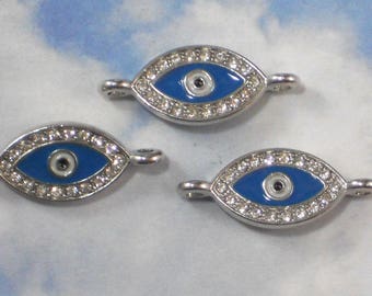 6 Rhinestone Eye Links Connectors with Blue Enamel Dangles - Evil Eye Charms (P1639)