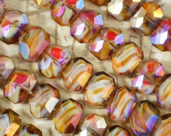 17 Crystal Polygon Beads Cafe Au Lait Rose & White Swirled Faceted AB 13mm x 10mm (C230)