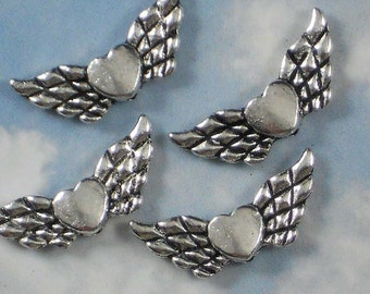 12 Angel Wing Spacer Beads Winged Heart 22mm Antique Silver Tone 2 Sided (P099)