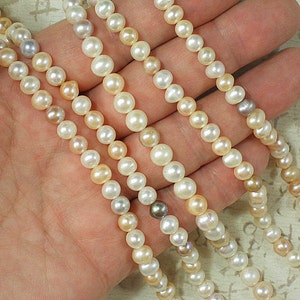 Pearls Tri Color Cream White, Peach & Mauve Potato Freshwater Side Drilled Full Strand 4226 image 3