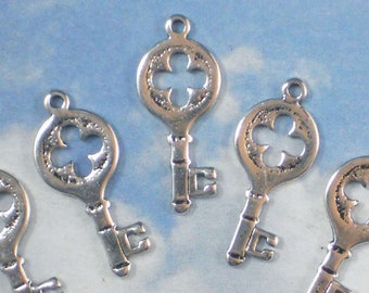 10 Small Keys Charms Silver Tone 26mm Skeleton Key thin for Wedding Invitations Cards (P1330)