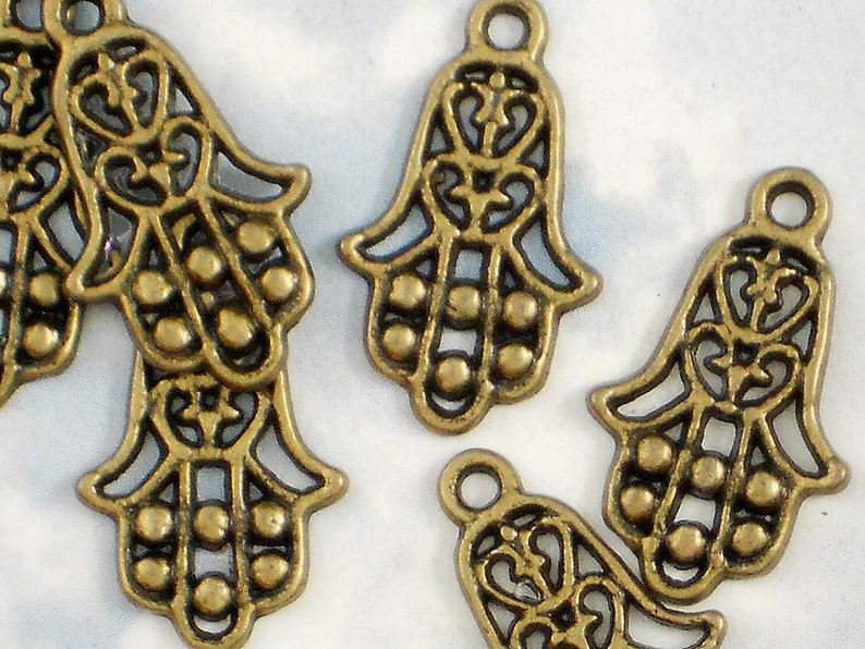 10 Hamsa Fatima Open Hand Charms 23mm Bronze Sign of Protection P690 image 1