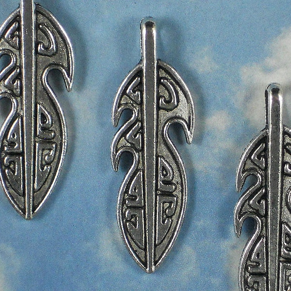 5 Large Feather Pendants Pacific Northwest Totem Beads 47mm Silver Tone  (P654)