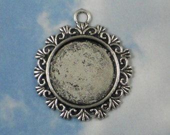 4 Fancy Round Bezel Treasure Charm Pendants Antique Tibetan Silver Tone for Glass, Photo or Your Own Stone Cabochon  (P866)