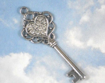 10 Heart Keys Crystal Rhinestone Encrusted & Silver - BLING - Great for Weddings, Engagement Parties, Favors (P825)