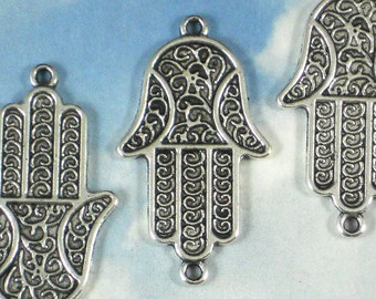 NEW 8 Hamsa Hand Link Connector 37mm Henna Pattern Tibetan Silver Charm Pendants (P1016)