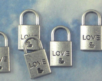 BuLK Sale 50 LOVE Lock with Heart Charms Silver Tone 20mm long double sided Great on cards & Invitations (P1847 -50)