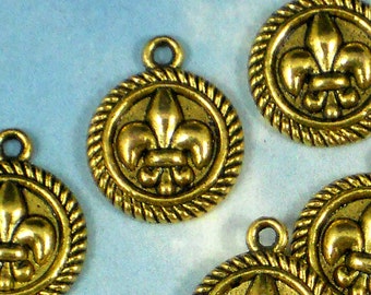 200 BuLK Fleur de Lis Round Charms NOLA Antique Gold Tone Rope Edge (P171 -100)