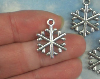 10 Snowflake Charms Antique Tibetan Silver Tone 20mm 2 Sided Slim for Holiday Cards (P1696)