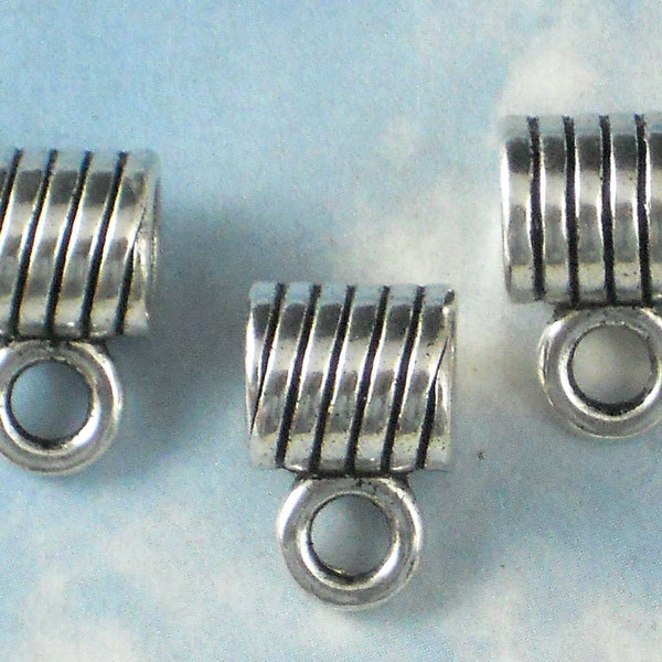 10 Silver Ridged Tube Pendant Bails Big Hole Charm Holder 17mm x 10mm (P091)