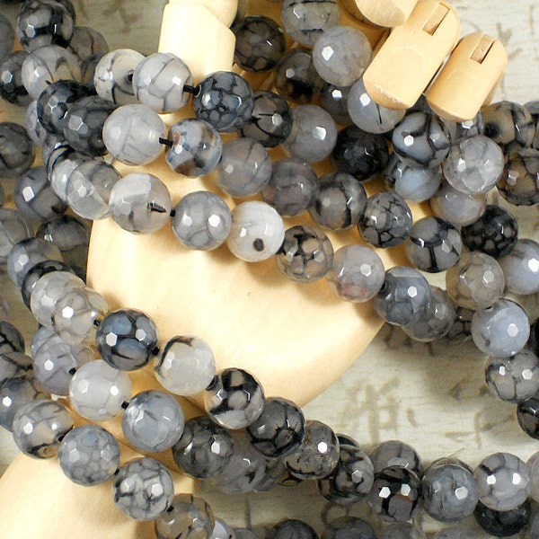 Strand Faceted Fire Agate Beads 10mm  Disco Ball Rounds Black, Cloud & Gray Crackle (5165)