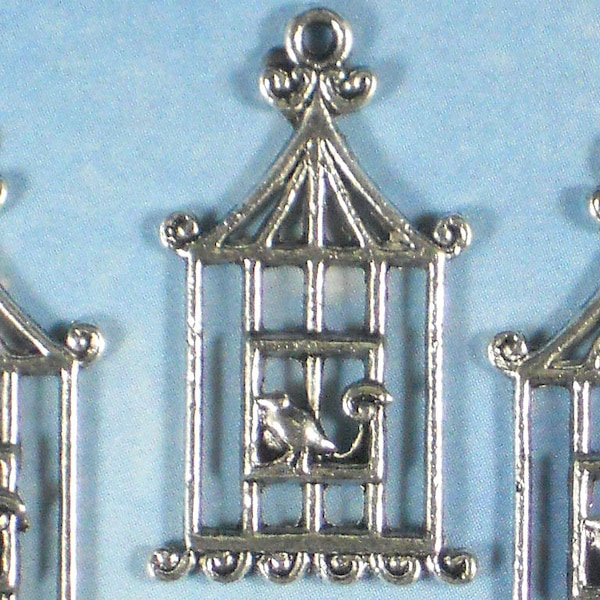 4 Bird Cage Charms 32.5mm Silver Pendants - Slender 2.5mm for Scrapbooking or Cards (P812)