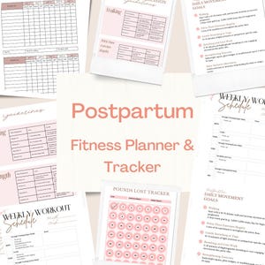 Pode incluir: Um planificador de fitness e um rastreador pós-parto imprimível com acentos rosa e preto. O planificador inclui seções para metas de movimento diárias, horários de treino semanais e um rastreador de quilos perdidos.