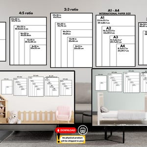 Wall art ratio chart, Digital Poster Sizes, Frame Size Chart, Art Size Guide, Kids Room Frame Size, Guide Living Room, Wall Display