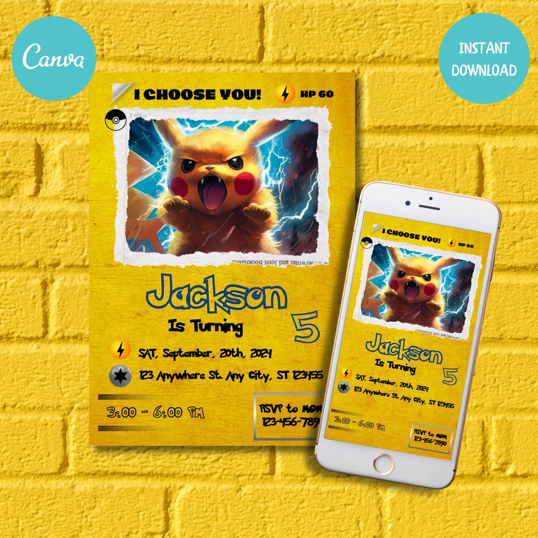 Pikachu Editable and Printable Birthday Invitation, Awesome Pokemon ...