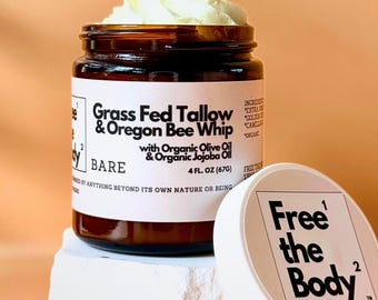 Grass Fed Beef Tallow Whipped Balm: Raw Honey & Olive Oil - 4oz - Small batch, Made in Oregon, USA - Dry Skin Moisturizer