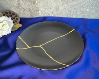 Handmade Kintsugi Ceramic Plate: Black & Gold Wabi Sabi Decor