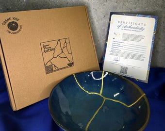 Handmade Blue Kintsugi Bowl: Wabi Sabi Japanese Art with Gold