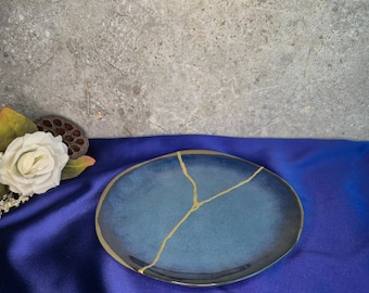 Handmade Kintsugi Ceramic Plate: Gold Repair Wabi Sabi Decor