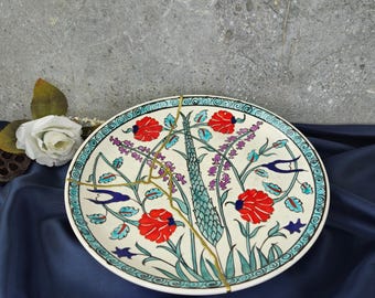 Kintsugi Ceramic Bowl: Handmade Turkish Floral Art with Golden Repair