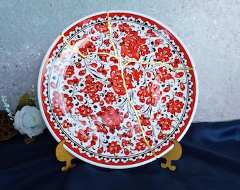 Kintsugi Art Ceramic Plate: Handmade Red Floral Decor, Boho Zen Accent