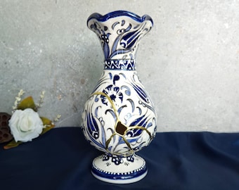 Handmade Kintsugi Vase: Blue Ceramic Pottery with Golden Repair