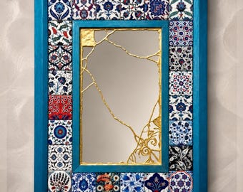 Handmade Kintsugi Inspired Mirror, Turkish Iznik Tile Wall Mirror, Mosaic Wall Decor, Wabi Sabi Mirror, Boho Home Decor Gift