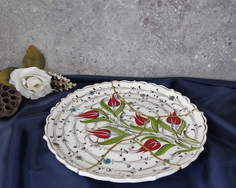 Kintsugi Plate: Handmade Turkish Ceramic with Tulip Design