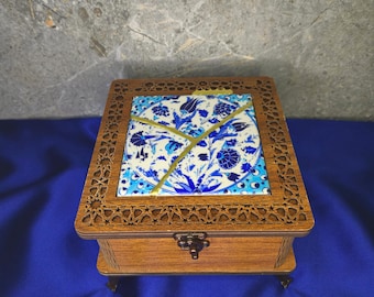 Wooden Jewelry Box with Kintsugi Ceramic Tile, Handmade Turkish Tile Trinket Box, Keepsake Box for Women, Unique Birthday Gift for Her